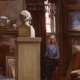 Jennifer drawing Homer; oil on canvas; 60\"x40\"